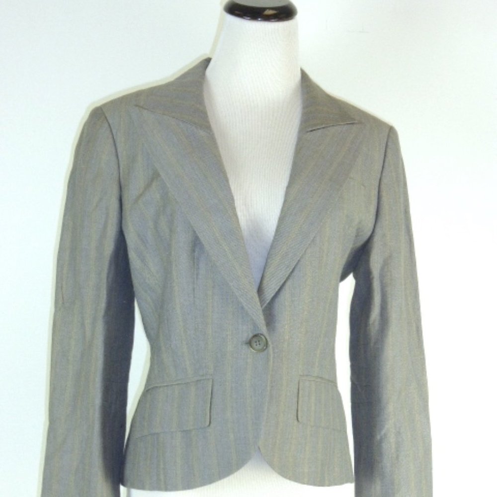 YIGAL AZROUEL Black WOOL LINEN stripes Blazer Made in USA peak lapel 8